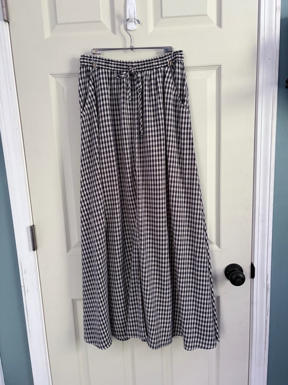 Max Studio Linen-blend Navy and White Gingham Maxi Skirt with Tie Waist